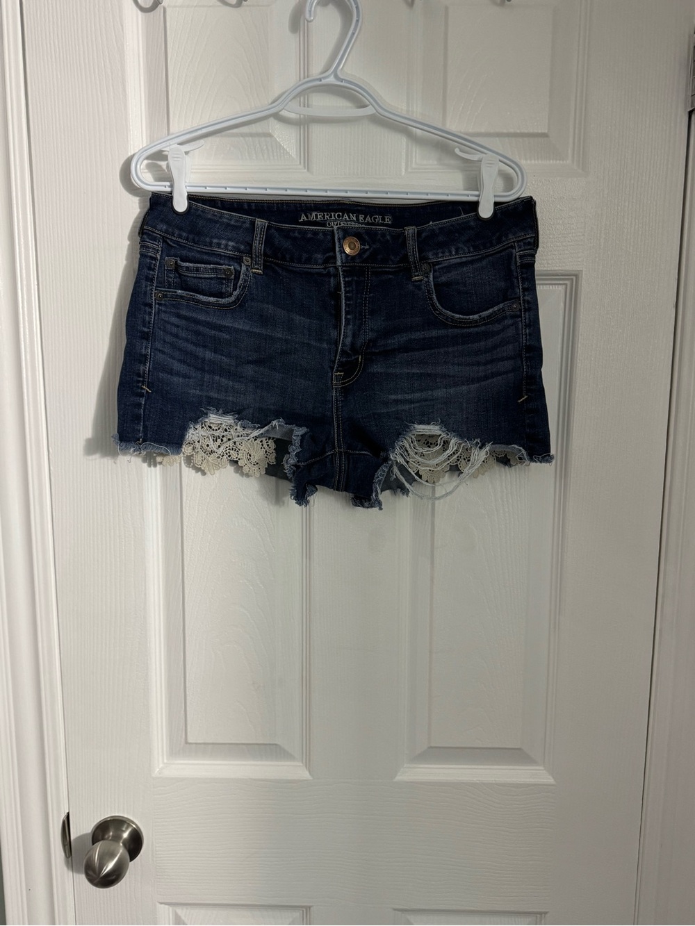 American Eagle Outfitters Dark Blue Distressed Denim Shorts with White Lace